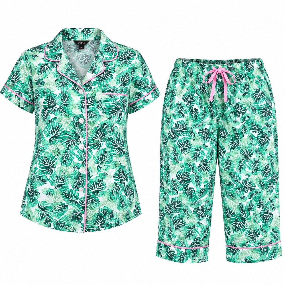 Room Service Tropical Palm Leaf Pajama Set Button Up Capri XXL stretch lounge